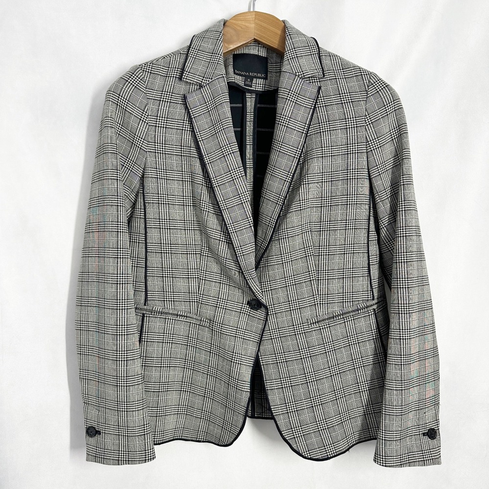 Banana Republic Gray Glen Plaid Black Pipe Single Button Blazer Women's Size 6